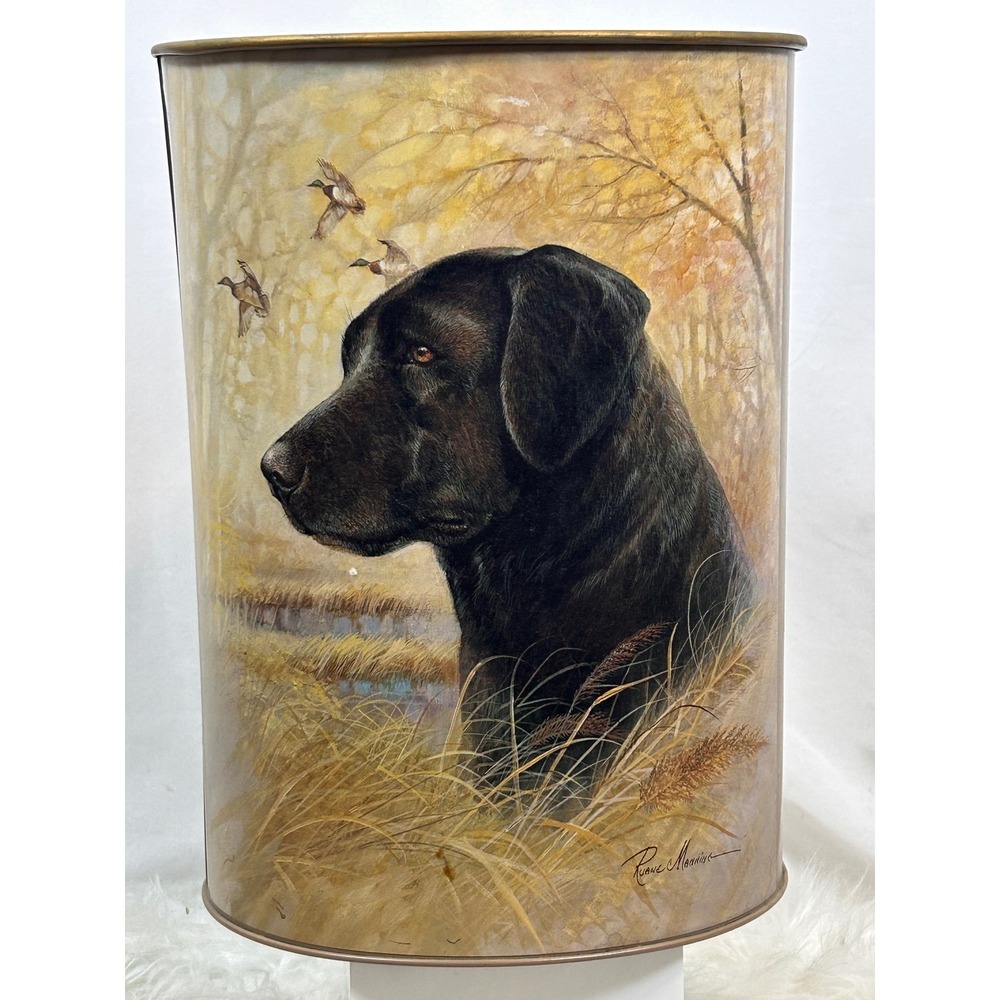 Ruane Manning Signed Wastebasket Home OS Brown Vintage Black Lab Duck Metal Tin